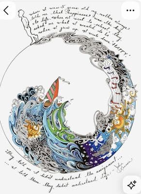 a drawing of a wave with a person on top of it