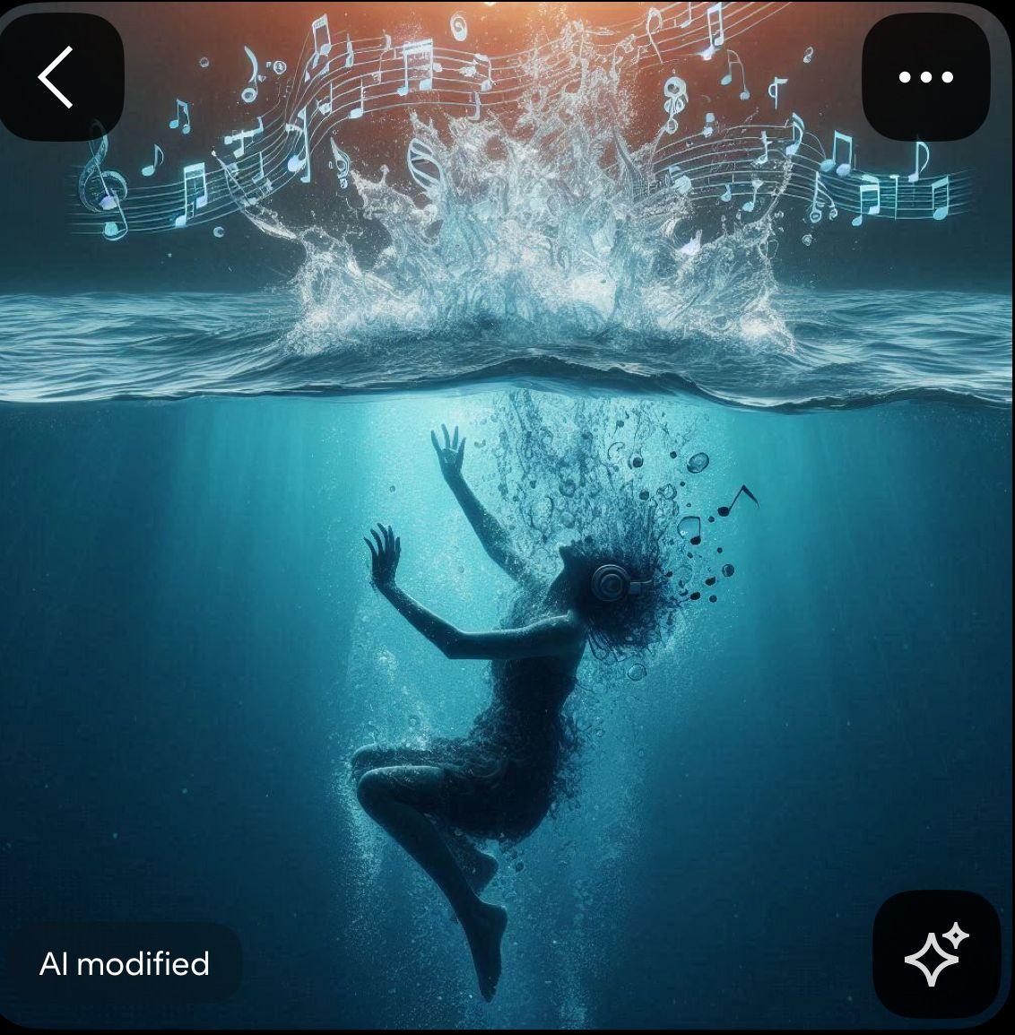 a woman swimming under water with musical notes above her head