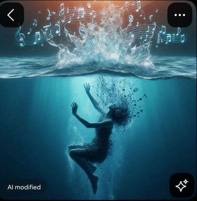 a woman swimming under water with musical notes above her head