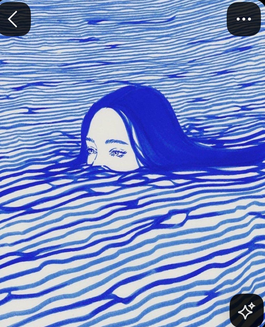 a drawing of a woman floating in a body of water