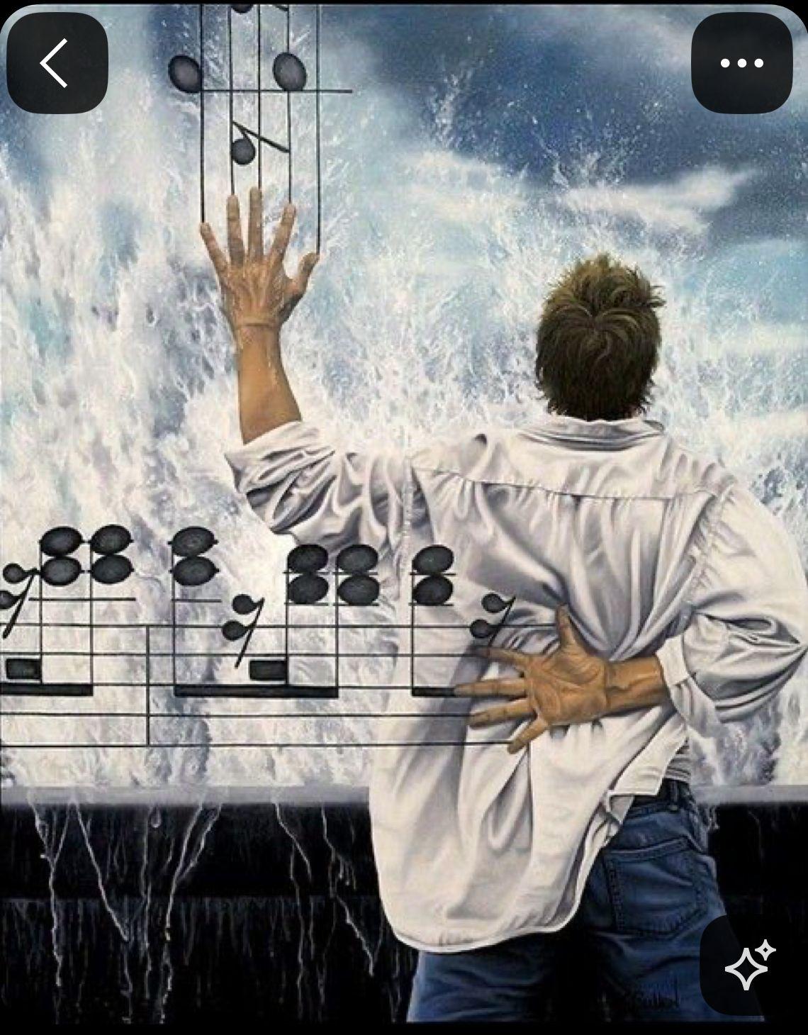 a man standing in front of a painting of music notes
