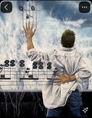 a man standing in front of a painting of music notes