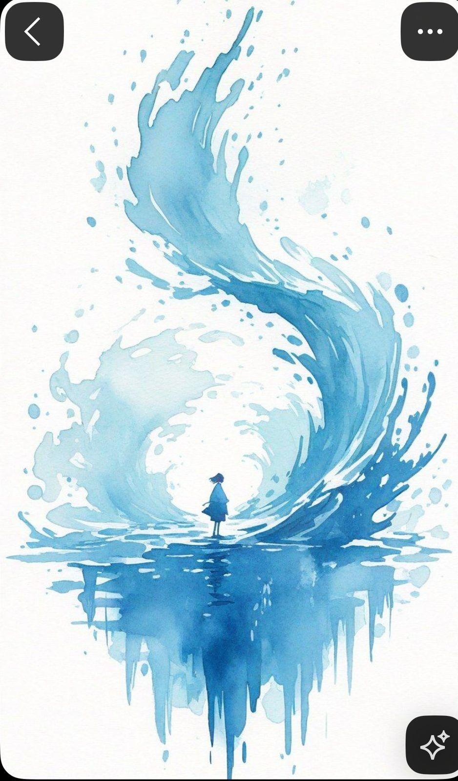 a watercolor painting of a person standing in the middle of a body of water
