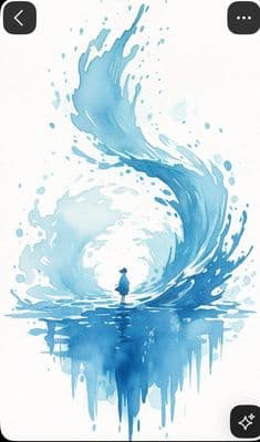 a watercolor painting of a person standing in the middle of a body of water