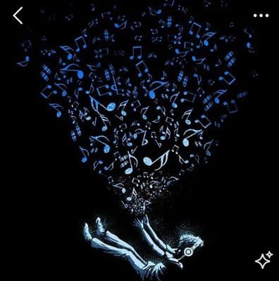 a drawing of a person falling down with musical notes coming out of his head