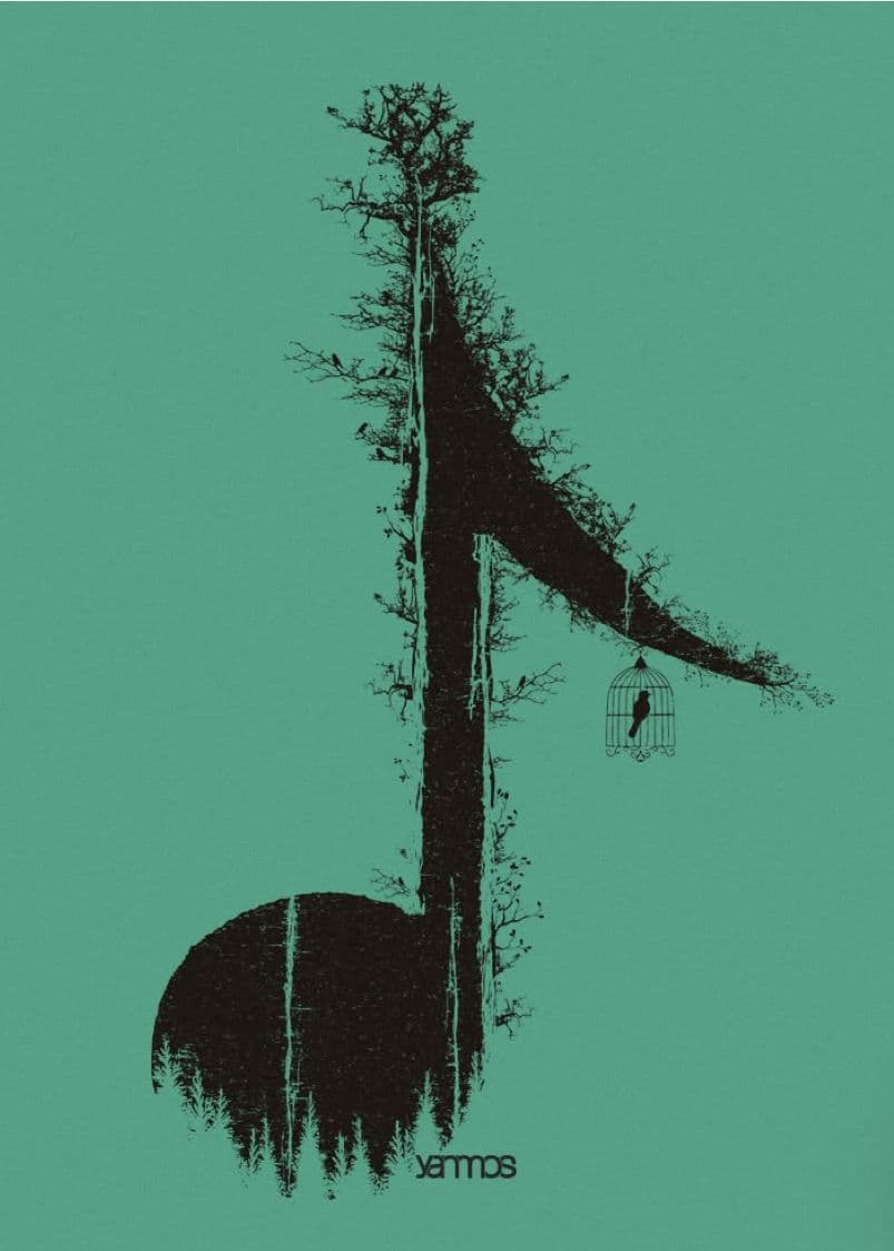a black and green poster with a bird in a cage