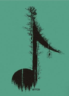 a black and green poster with a bird in a cage