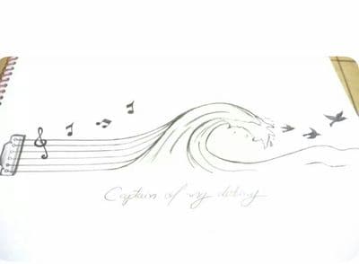 a drawing of a wave with music notes