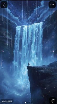 a man standing on a cliff looking at a waterfall