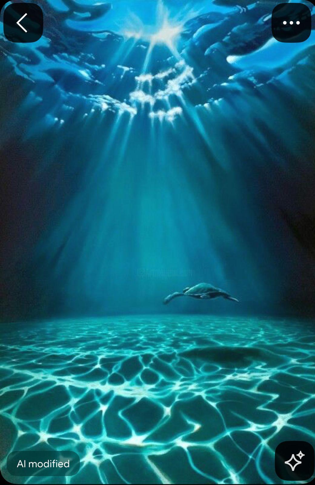 a painting of a blue ocean with a bird flying over it