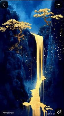 a painting of a waterfall with trees in the background