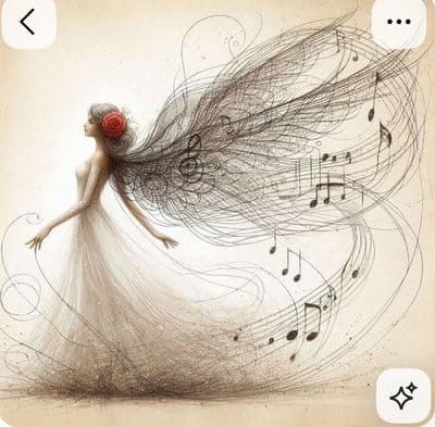 a drawing of a woman with long hair and music notes