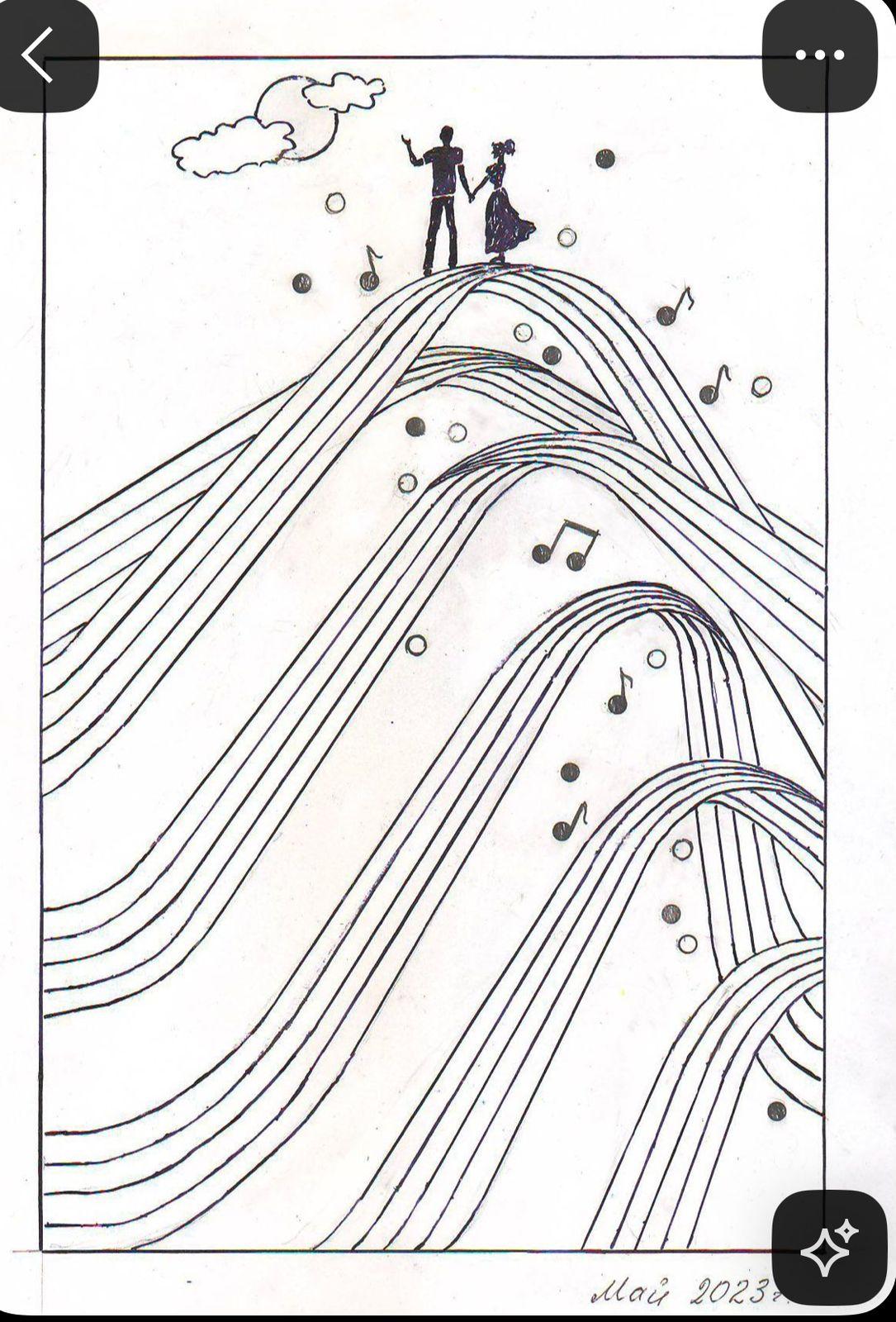 a drawing of two people standing on top of a hill