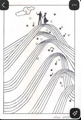 a drawing of two people standing on top of a hill