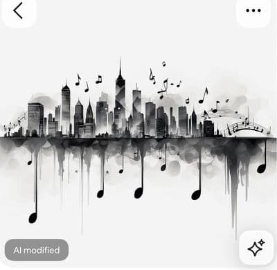 a black and white picture of a city with music notes