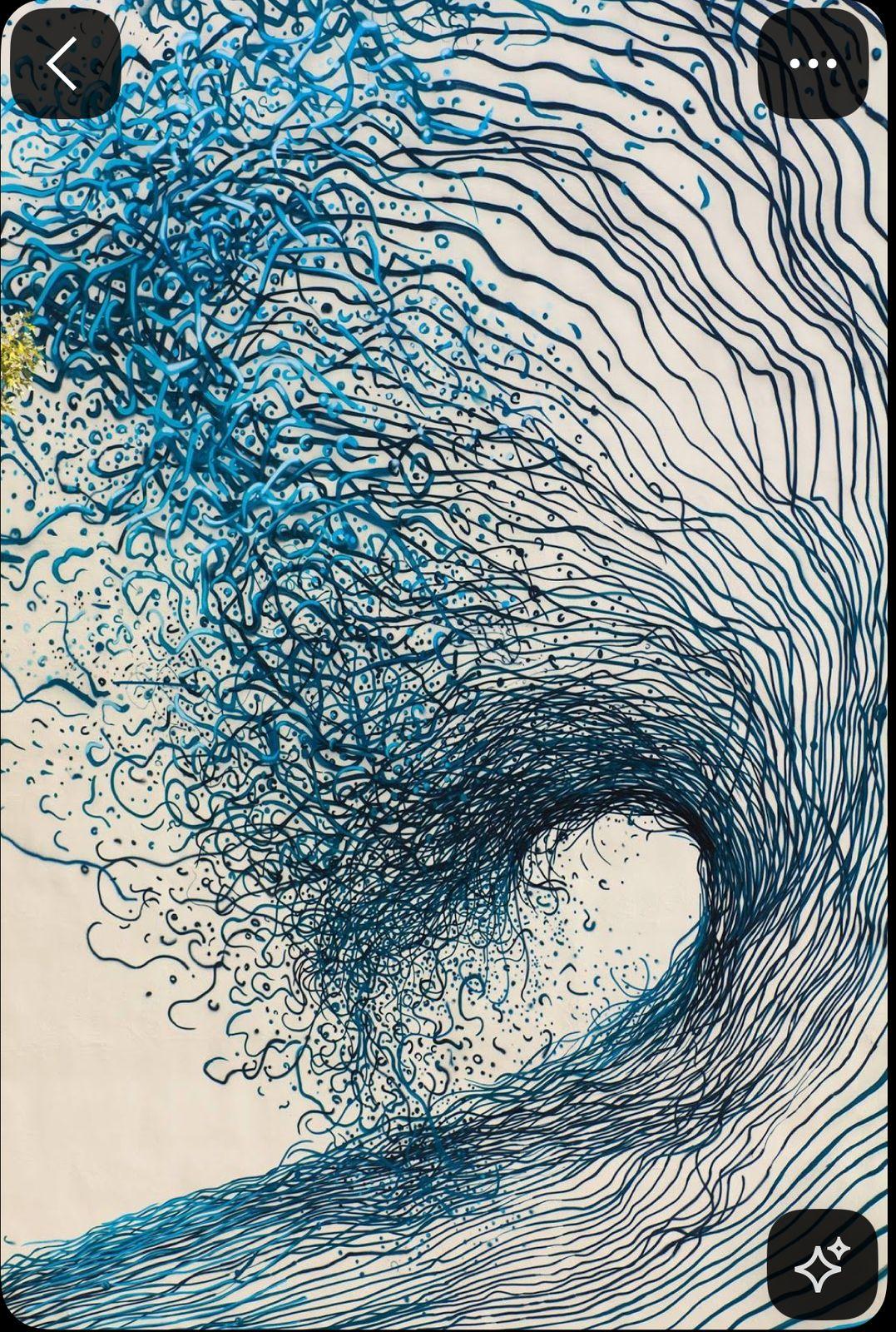 a drawing of a wave in blue ink