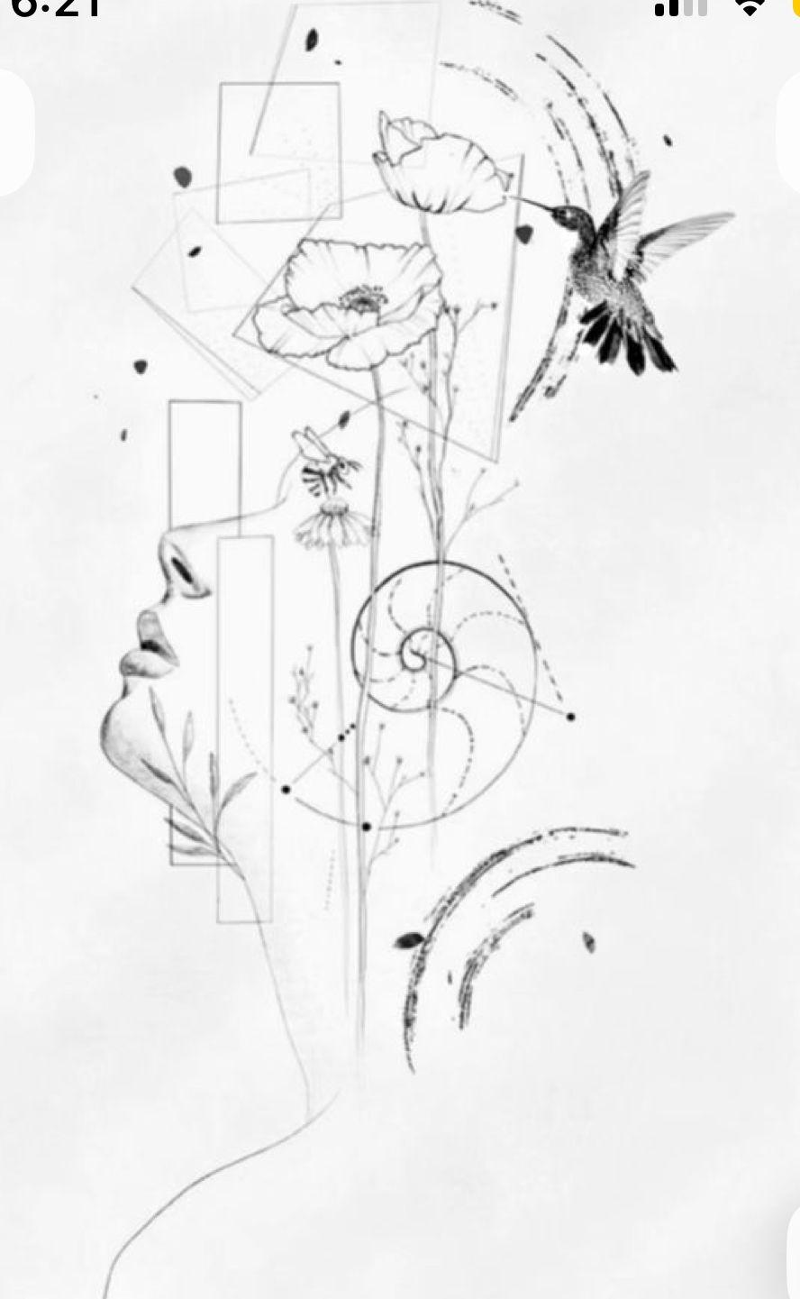 a drawing of a woman's face with flowers and birds