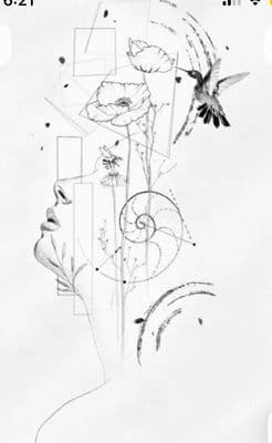 a drawing of a woman's face with flowers and birds