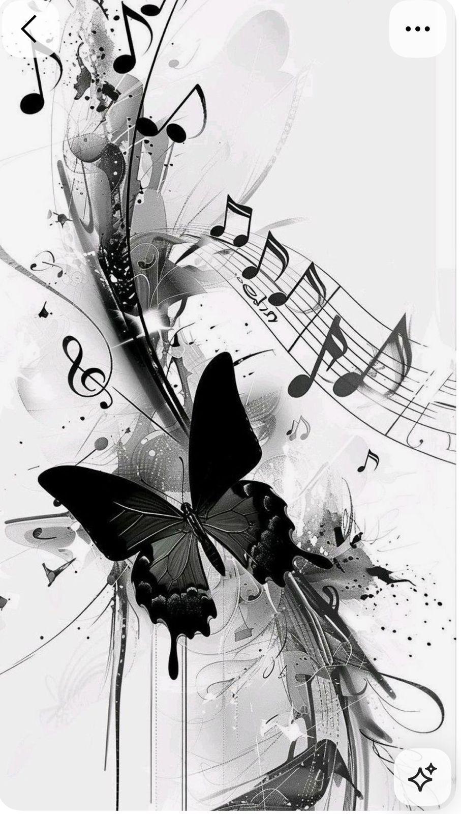a black and white photo with music notes and butterflies