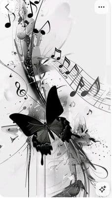a black and white photo with music notes and butterflies