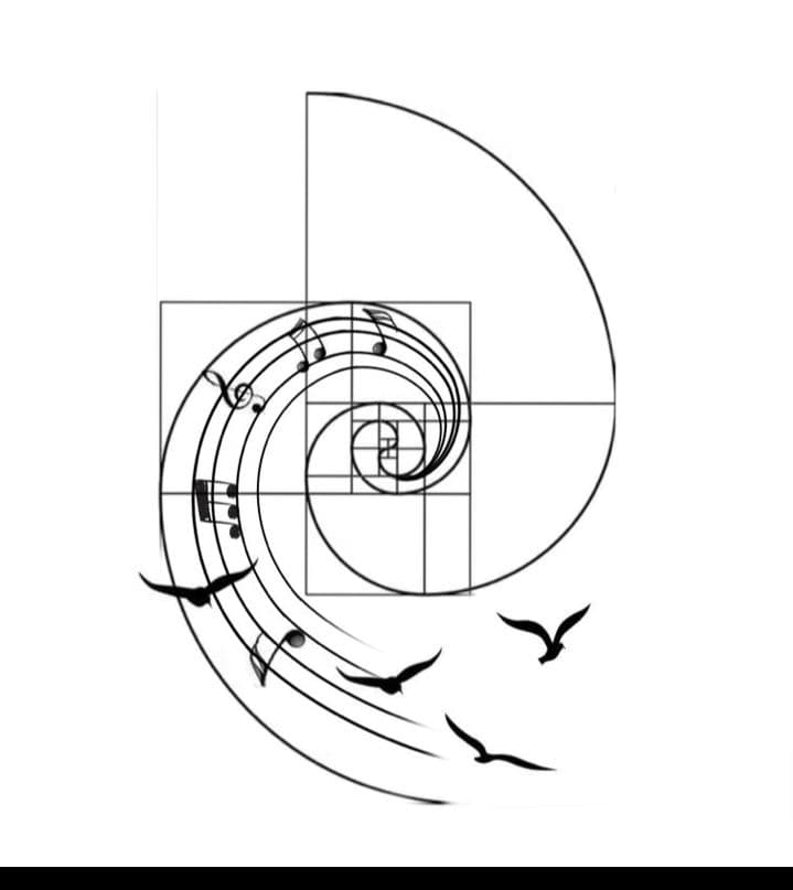 a drawing of a spiral with birds flying around it