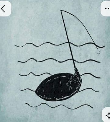 a drawing of a fish in the water with a fishing rod