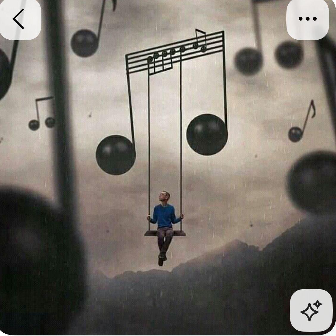 a man sitting on a swing in front of musical notes