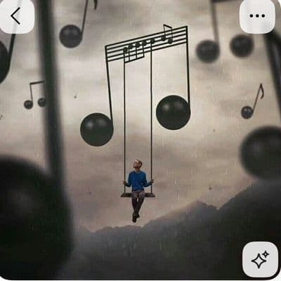 a man sitting on a swing in front of musical notes