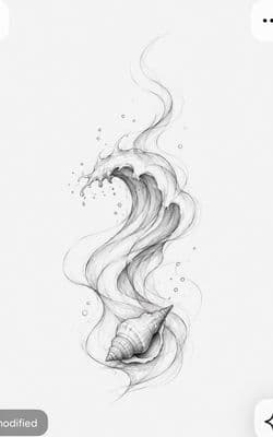 a black and white drawing of a sea shell with smoke coming out of it