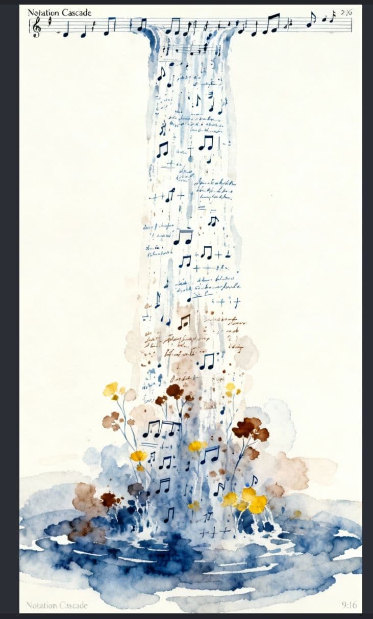 a painting of a tall tower with musical notes on it