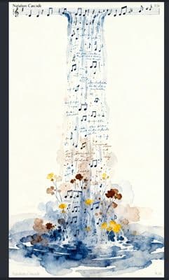 a painting of a tall tower with musical notes on it