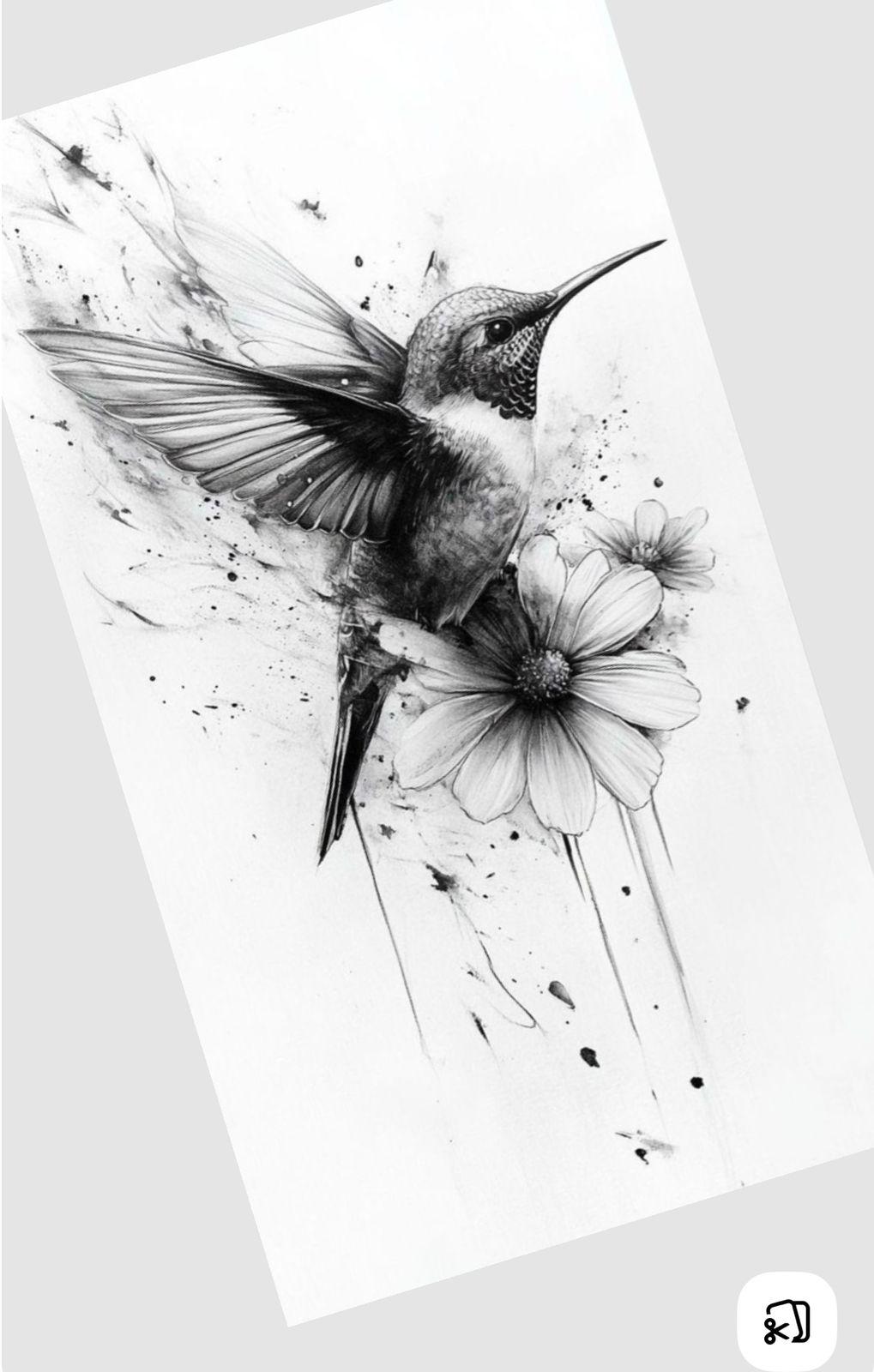 a black and white drawing of a hummingbird on a flower