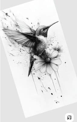 a black and white drawing of a hummingbird on a flower