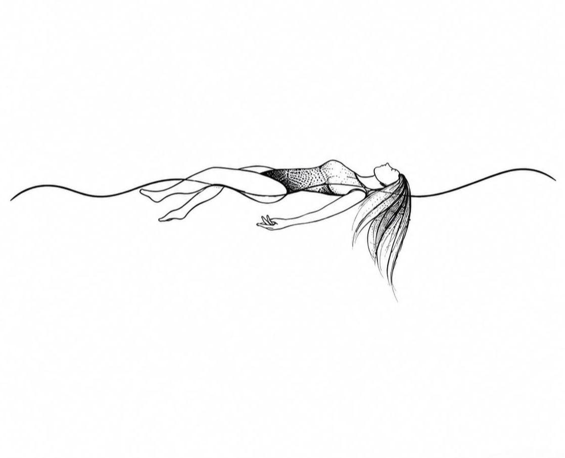 a drawing of a woman floating in the water