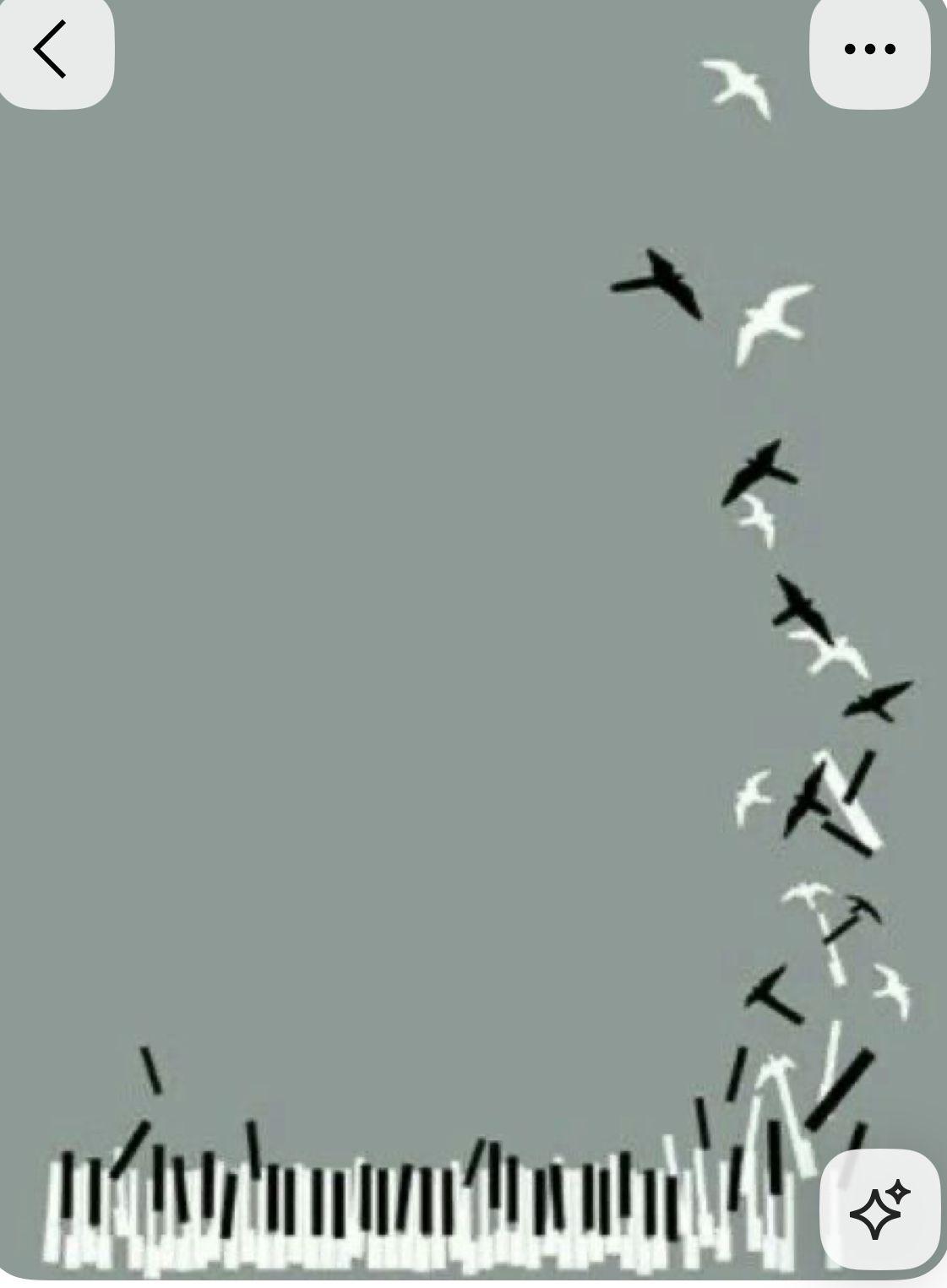 a flock of birds flying over a piano keyboard