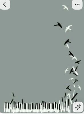 a flock of birds flying over a piano keyboard