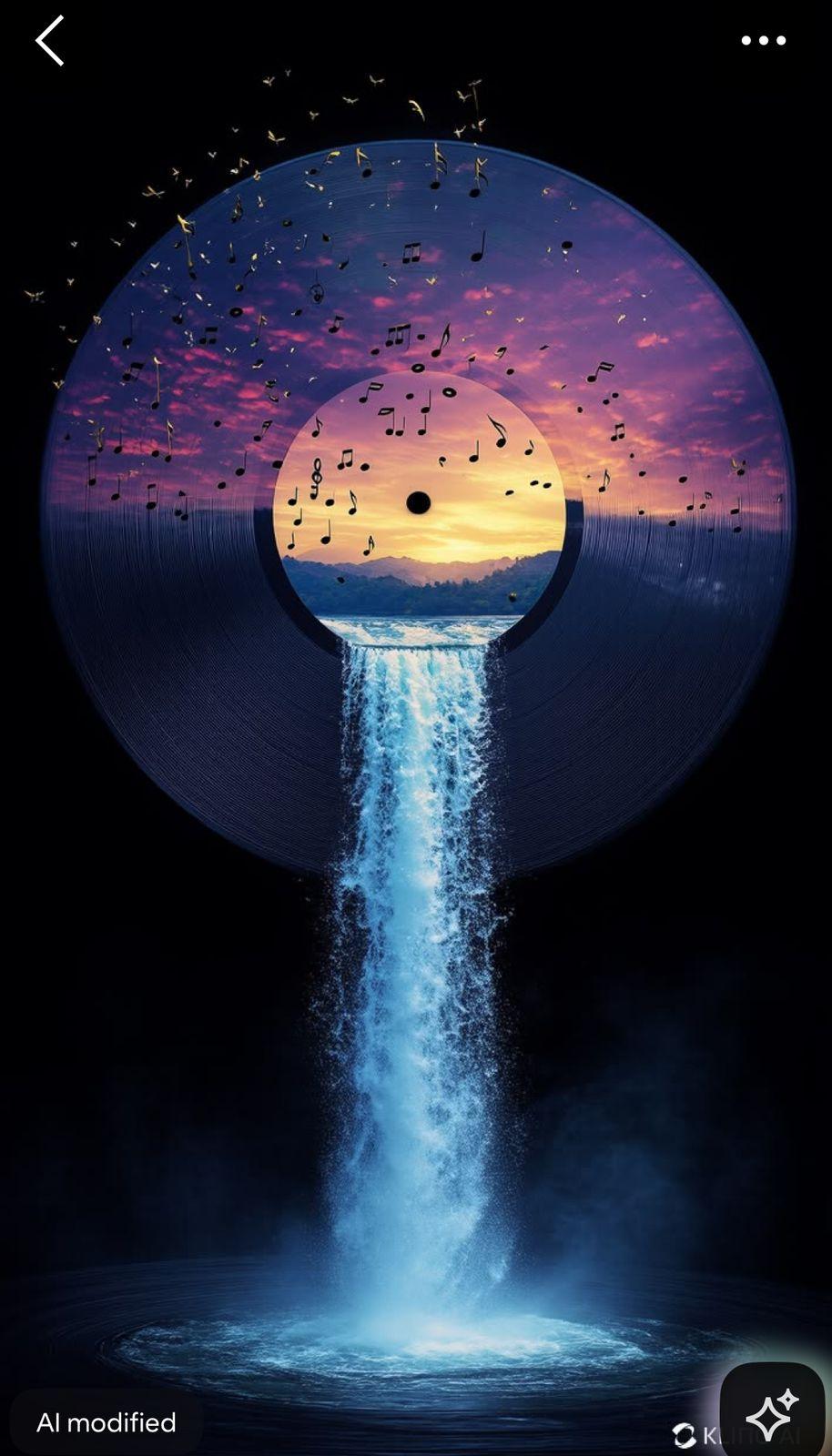 a picture of a waterfall with birds flying over it
