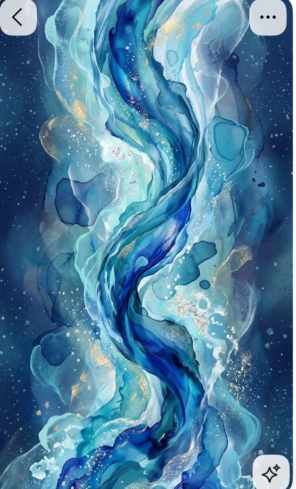 a painting of a blue and white wave