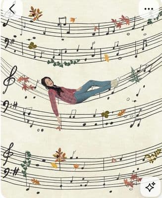 a woman laying on top of a sheet of music