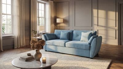 a living room with a blue couch and a coffee table