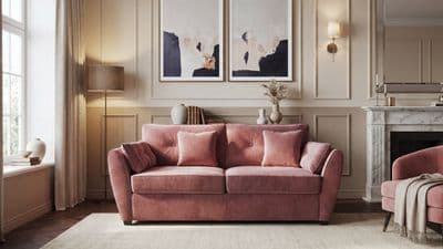 a living room with a pink couch and chair