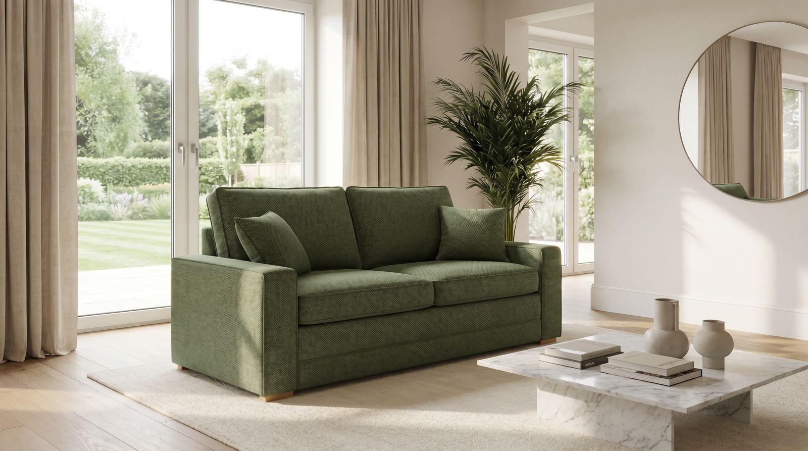 a living room with a couch and a mirror