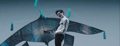 a man is holding a kite shaped like a shark