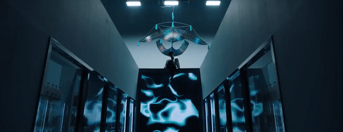 a hallway with a light hanging from the ceiling