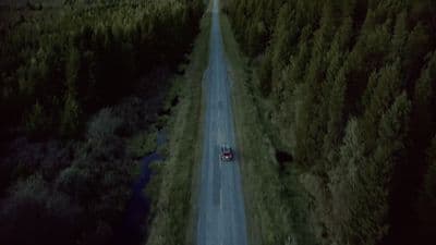 a car driving down a road surrounded by trees