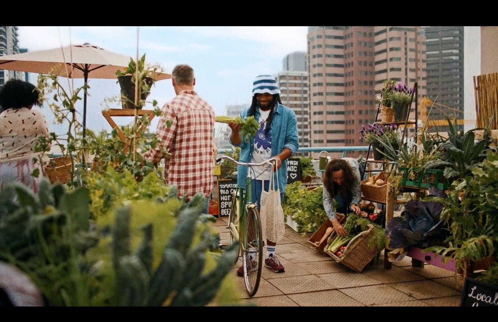 a group of people standing around a garden