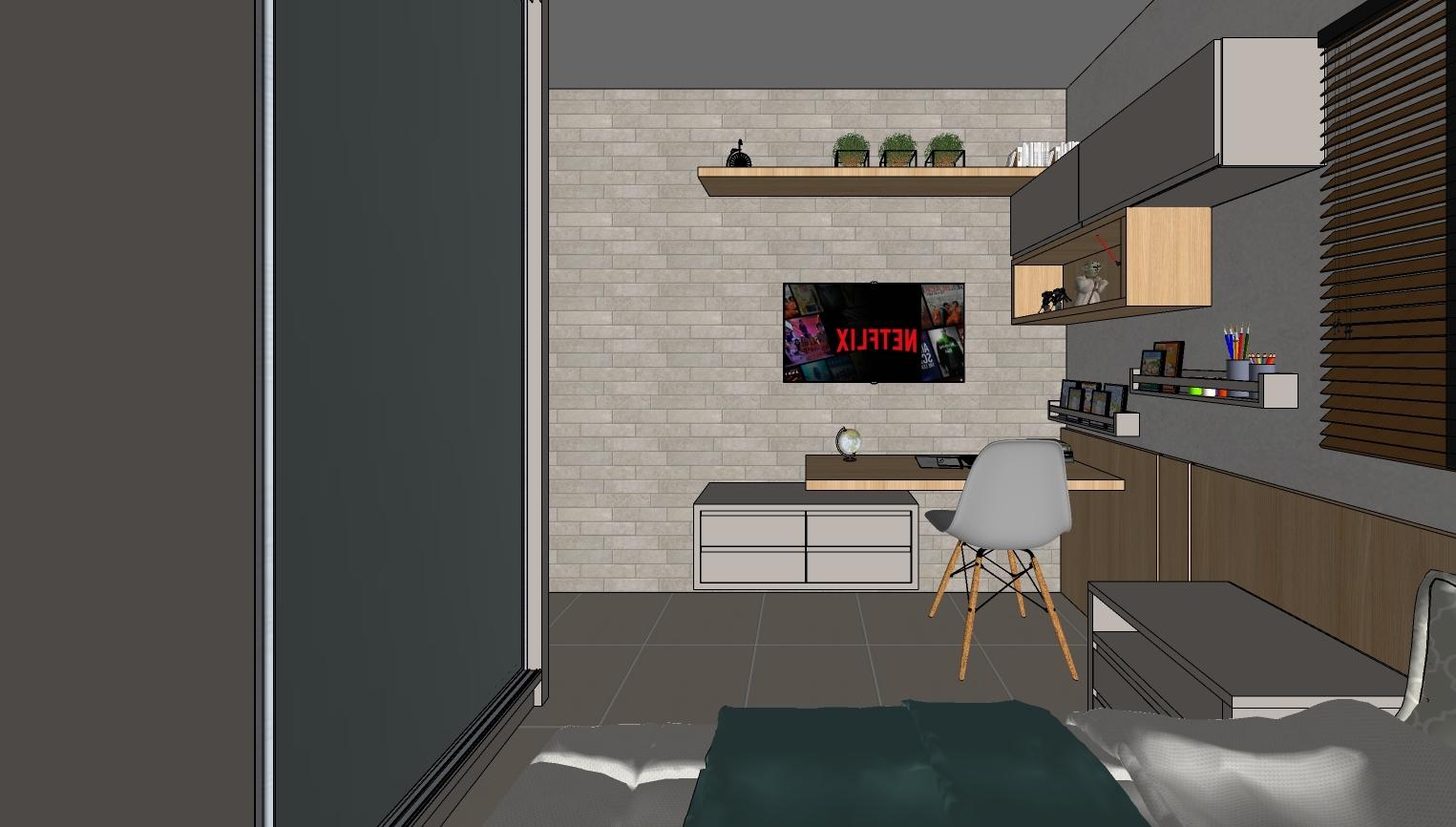 a computer rendering of a room with a desk and chair