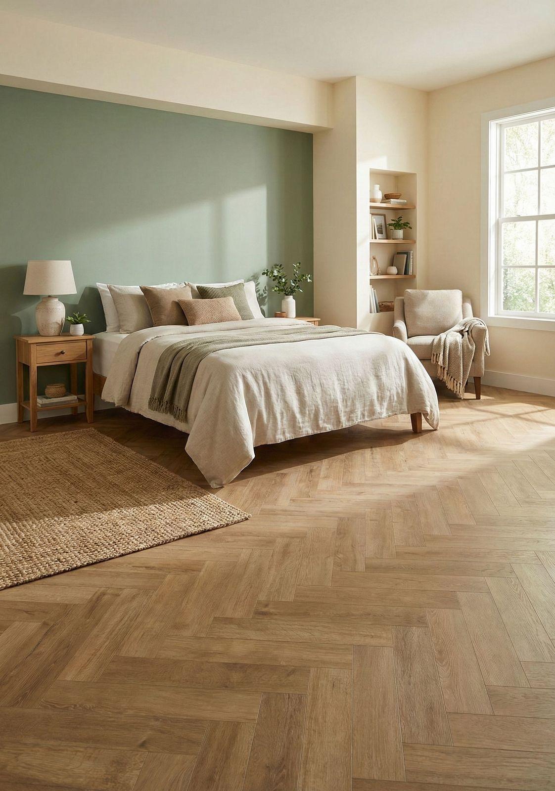 a bedroom with a large bed and wooden floors