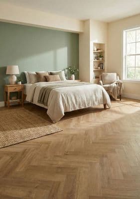a bedroom with a large bed and wooden floors