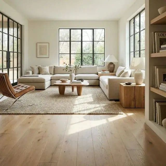 a living room filled with furniture and large windows